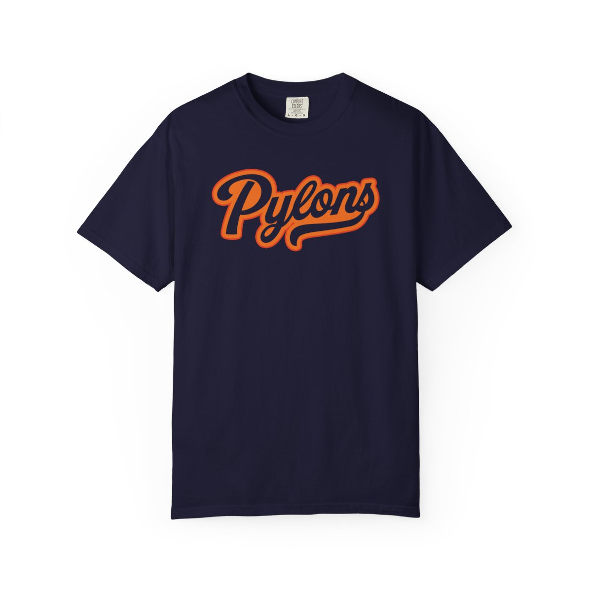 Pylons Script Tee in navy with the orange script logo